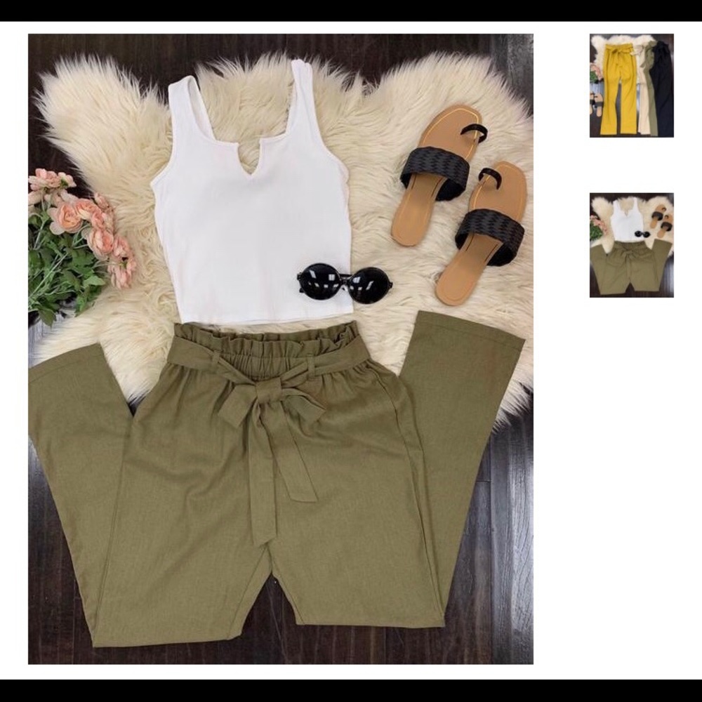 Paper bag tie waist pants Olive